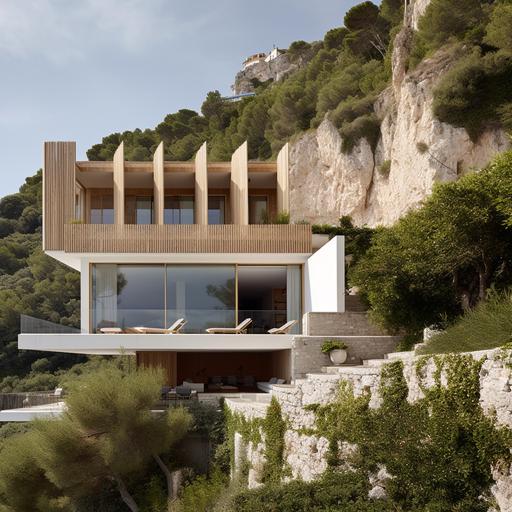 the house is located on the island of capri, its facades face the sea, the architecture and structures are well integrated into the landscape, the facades in wood and glass, the wood is colored like the wooden boats of the fishermen of capri. --v 5