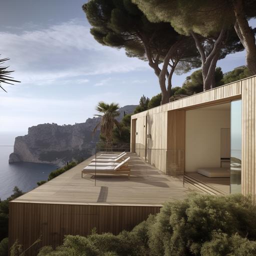 the house is located on the island of capri, its facades face the sea, the architecture and structures are well integrated into the landscape, the facades in wood and glass, the wood is colored like the wooden boats of the fishermen of capri. --v 5