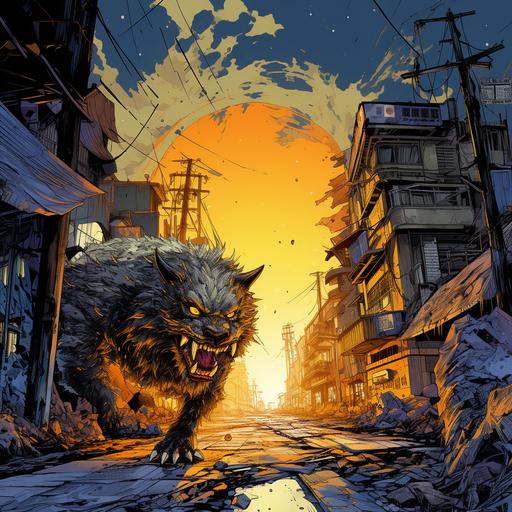 the ifrit is blue, Brutalist architecture, in the style of japanese folklore-inspired art, detailed intricate comic book art, yellow and amber, post-apocalyptic backdrops, uhd image, traditional street scenes, himalayan mountain art, Zomp highlights