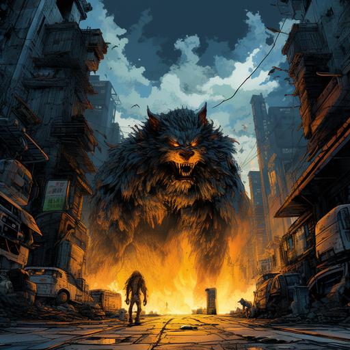 the ifrit is blue, Brutalist architecture, in the style of japanese folklore-inspired art, detailed intricate comic book art, yellow and amber, post-apocalyptic backdrops, uhd image, traditional street scenes, himalayan mountain art, Zomp highlights