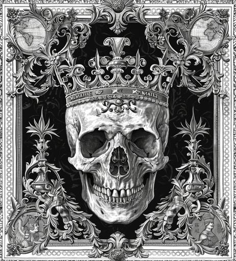 the image shows a skull and crown in an elegantly elaborate frame with ornate details, in the style of political illustration, gothic, patience of a saint, carving, grey academia, assemblage of maps, sublime typography --ar 29:32 --v 6.0 --style raw