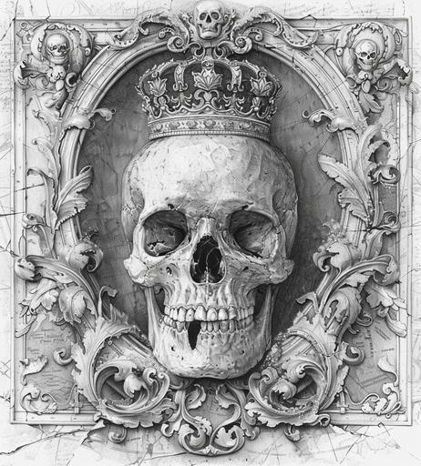 the image shows a skull and crown in an elegantly elaborate frame with ornate details, in the style of political illustration, gothic, patience of a saint, carving, grey academia, assemblage of maps, sublime typography --ar 29:32 --v 6.0 --style raw