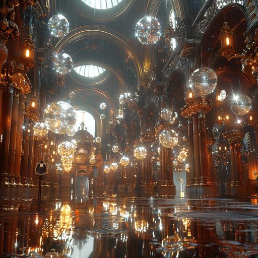 the inside of a church full of glitter ball, in the style of vray tracing, dreamy surrealism, orientalist landscapes, hyper-realistic water, atmospheric scenes, silver and orange, steampunk influences