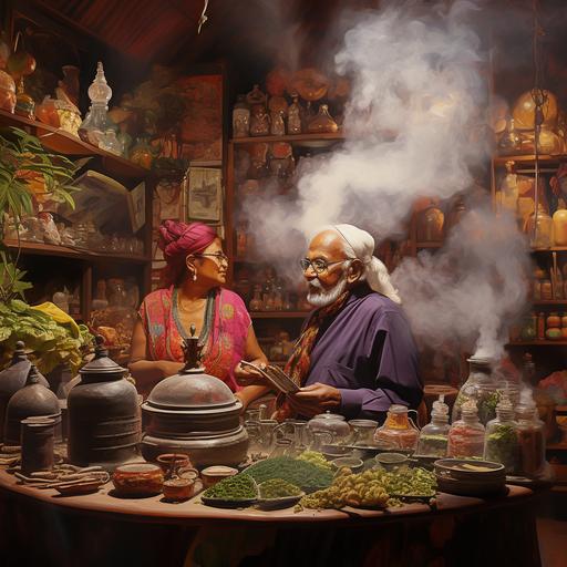 the inside of an Indian smoke shop called puff dadi. Oil painting