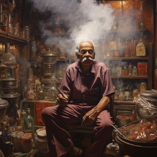 the inside of an Indian smoke shop called puff dadi. Oil painting