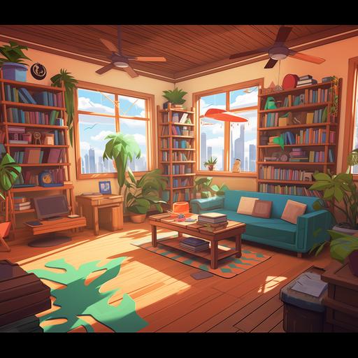 the interior of a room from the game, in the style of en plein air beach scenes, cartoon-inspired pop, office, vector, bibliopunk, adventure themed, vibrant hues master, sharp/prickly