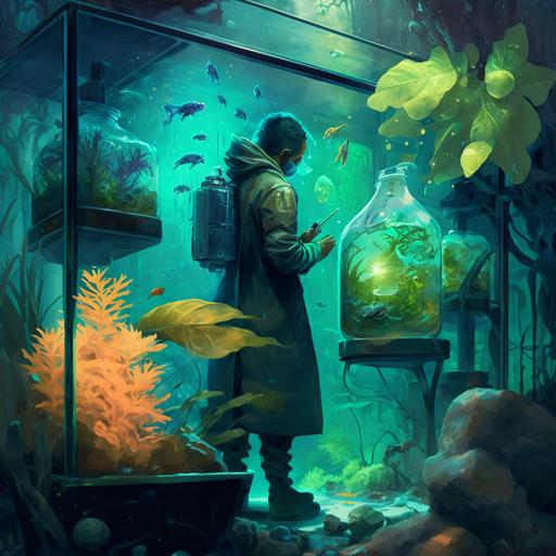 busy on a verge of a discovery scientist with gloves and a robe lab coat that grows fishlike plants in a high tech equipment, all the is in a big aquarium