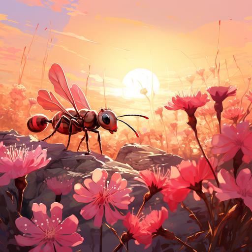 the kind ant in beautiful flower garden anime style, the ant found a juciest fruit, the ant share with his friends, they go home happy with sunset at the back near their nest scenery field --s 250
