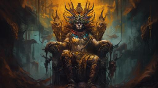 the king of ace sitting on his throne of arrow, surealistic painting, abstract, dark fantasy --ar 16:9