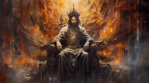the king of ace sitting on his throne of arrow, surealistic painting, abstract, dark fantasy --ar 16:9