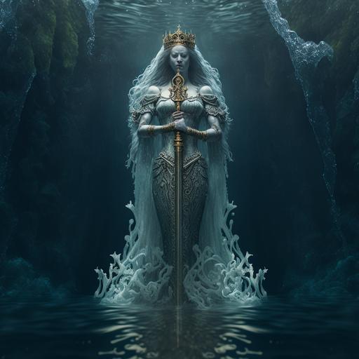 the lady of the lake holding Excalibur, Viviane Nimuë, under water holding Excalibur, full body, highly detailed, realistic, dramatic lighting, legend, magical, 8k, unreal engine