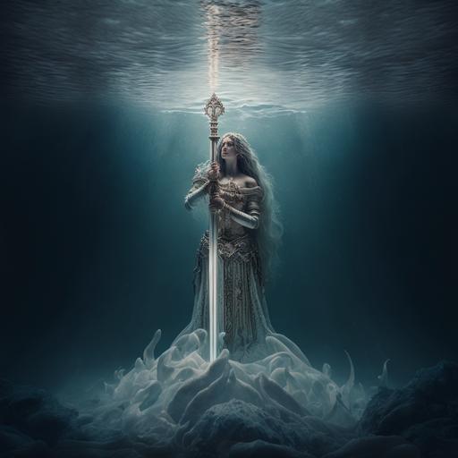 the lady of the lake holding Excalibur, Viviane Nimuë, under water holding Excalibur, full body, highly detailed, realistic, dramatic lighting, legend, magical, 8k, unreal engine