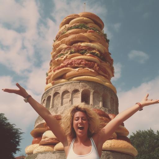 the leaning tower of burgers, italy, stupid tourist photo, goofy 90s woman pretending to hold up the tower with her hand --v 5.1
