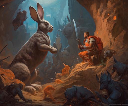 the legend of the giant rabbit steel 🥚 🥚 by person, in the style of gothic surrealism, dark azure and orange, adventure pulp, trompe-l'œil illusionistic detail, post-world war ii art, altarpiece, superheroes --ar 6:5 --q 2 --uplight --v 5