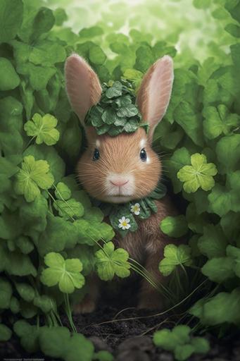 the leprechaun bunny from the planet melmac celebrates the festival of Ostara by hiding eggs in the flower garden; lucky shamrocks, four-leaf clover::3 text, label, plaque, qr code, bar code, printer's marks, signature, title, caption. typography, meme, inspirational, quote, inscription::-.75 --ar 2:3 --s 111 --c 23