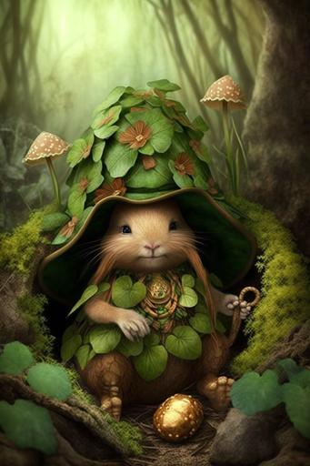 the leprechaun bunny from the planet melmac celebrates the festival of Ostara by hiding eggs in the flower garden; lucky shamrocks, four-leaf clover::3 text, label, plaque, qr code, bar code, printer's marks, signature, title, caption. typography, meme, inspirational, quote, inscription::-.75 --ar 2:3 --s 111 --c 23