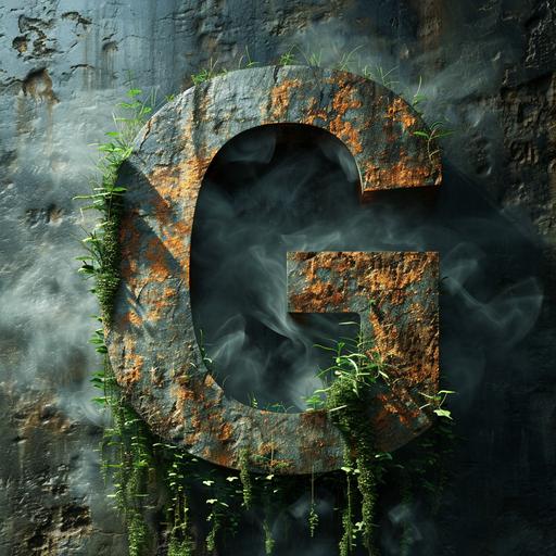 the letter G in style of the movie Stalker (1979 film), grainy footage, mist and smoke, green grass, 3d text, graphic design --v 6.0