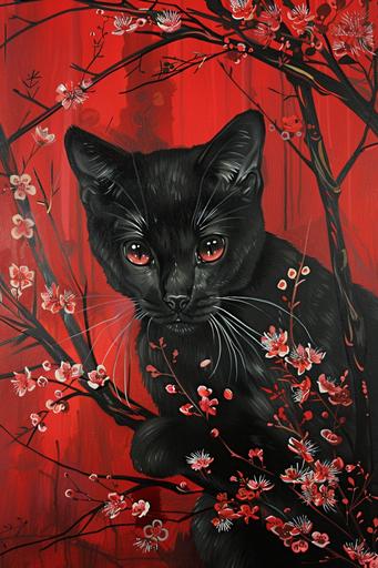 the little black cat, in the style of cherry blossoms, pop-surrealism, dark crimson and red, characterful animal portraits, richly detailed genre paintings, vibrant illustrations, petcore --ar 85:128