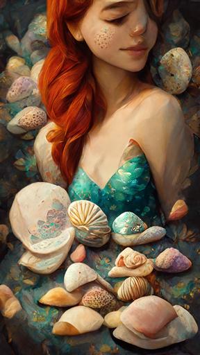 the little mermaid, Ariel, mermaid, clam shell bra, seashells, rocks, ocean, sunny, hyper realistic, realism, detailed, fine details, 8k, --ar 9:16