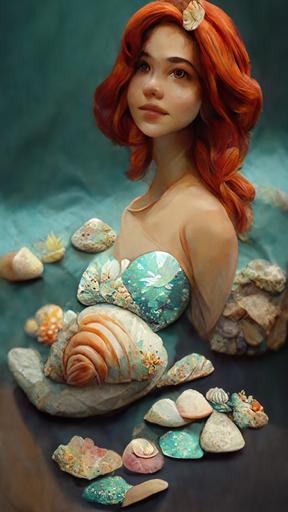 the little mermaid, Ariel, mermaid, clam shell bra, seashells, rocks, ocean, sunny, hyper realistic, realism, detailed, fine details, 8k, --ar 9:16