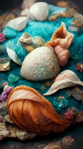 the little mermaid, Ariel, mermaid, clam shell bra, seashells, rocks, ocean, sunny, hyper realistic, realism, detailed, fine details, 8k, --ar 9:16