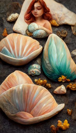 the little mermaid, Ariel, mermaid, clam shell bra, seashells, rocks, ocean, sunny, hyper realistic, realism, detailed, fine details, 8k, --ar 9:16