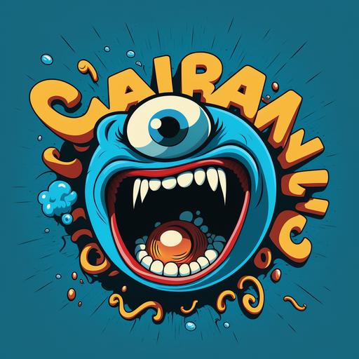 the logo of an eye-ball with a mouth, he's screaming, blue font, cartoon style, he's on the ground, there is a shadow