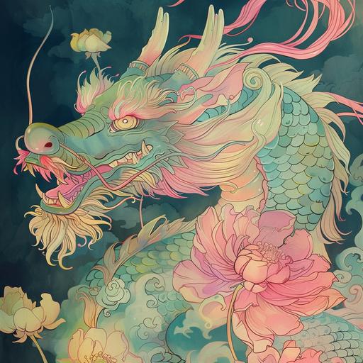 the loong dragon by my side tends the neon watercolor flowers of my soul ✨️🪄🐉🌻🌸🌼🏵🌷🥀 in the style of james jean --v 6.0