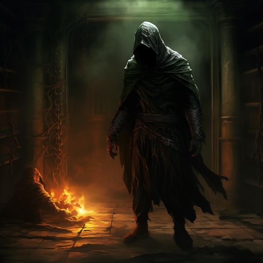 the lord of monsters- a evil hooded man with small growth coming out of his clothes, shining green eyes through the shadow of his hood and he is turning a warrior in chainmail into a goblin in a cobblestone floored large room with torchlit walls, dungeons and dragons game of thrones diablo dark souls