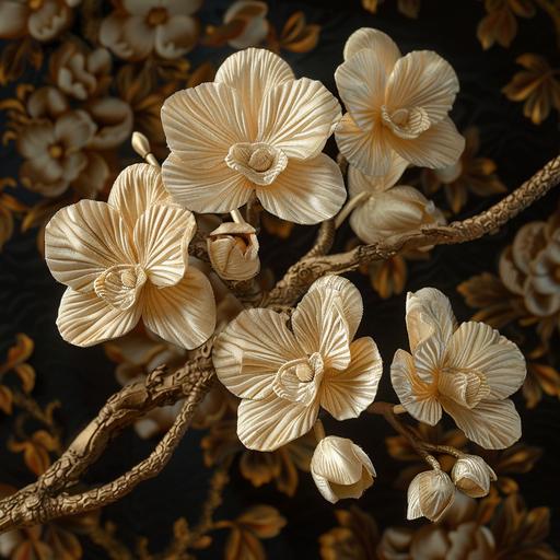 the love for a handcrafted dendrobium flower,pictures in motion,forgotten craft,leather, wood, paper, silk, fabric, damask by Severina Lartigue --v 6.0 --s 300