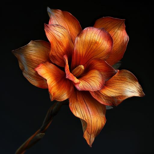 the love for a handcrafted dendrobium flower,pictures in motion,forgotten craft,leather, wood, paper, silk, fabric, damask by Severina Lartigue --v 6.0 --s 300