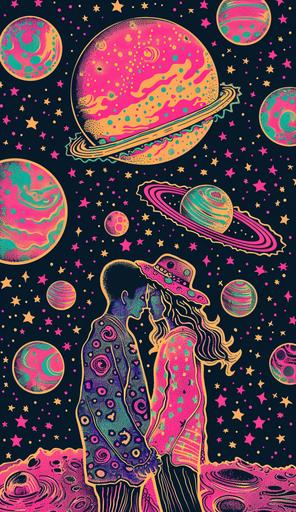 the lovers tarot, tarot card, retro 90s pattern, magical, pink, tarot card the lovers, neon, outer space opera, outer space planet, hand drawn cartoon in the style of Rick and morty, doodle --ar 11:19 --v 6.0