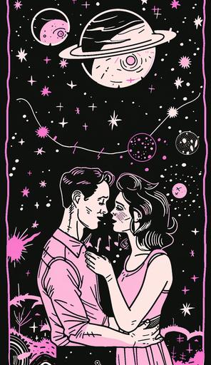 the lovers tarot, tarot card, retro 90s pattern, magical, pink, tarot card the lovers, neon, outer space opera, outer space planet, hand drawn cartoon in the style of Rick and morty, doodle --ar 11:19 --v 6.0