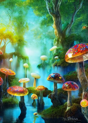 the magical Opal Pond with Opal fruits growing on trees, opal rocks, big opal fountain, opal mushrooms, cinematic, sun rays, photorealistic, vibrant, symmetrical, colorful, contrast , intricate detailed, 8K , --ar 12:16 --test --creative --upbeta