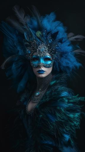 the majestic close-up portrait of a majestic beautiful woman wearing a majestic opulent fashion and a majestic venice ball mask, complete with ornate carnival feathers and majestic intense colored makeup. hyper-realistic photograph with intense sharpness in the style of Annie Leibovitz. The mask boasts intricate filigree designs and is adorned with shimmering crystals, feathers, and pearls, perfectly framing her captivating eyes. Soft, atmospheric lighting --ar 9:16 --c 15 --v 5 --q 2