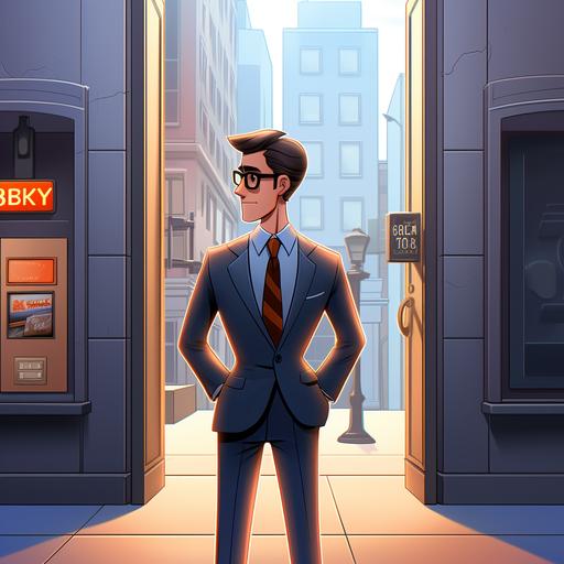 the man in this photo is opening a door into a bank, downtown financial district, city street, cartoon, Pixar style