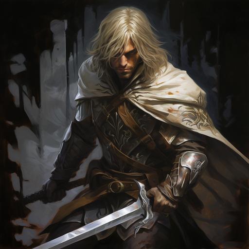 the man in white assassins creed has a long brown blond wig and large black sword, in the style of tonalist paintings, realistic fantasy artwork, dark gray and dark amber, manticore, marguerite blasingame, character caricatures, contrasting lights and darks