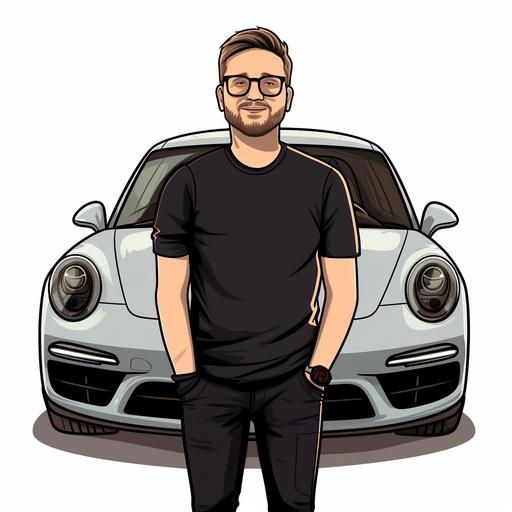 logo for a fat young white nerdy rapper, fat face, standing next to a Porsche Macan SUV, single color, promotional product, merch, simple, glasses, short beard, streaks in hair, justin beiber haircut, single color, basic logo, young face, halftones, silluete style drawing, basic, no detail, only black as the color