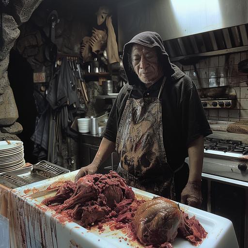 the mean chef prepares meat bodies, still from Lord of the Rings, realistic, detailed, volumetric lighting, scary, dark, beautiful, ominous, morbid--v.6
