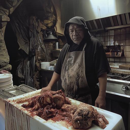 the mean chef prepares meat bodies, still from Lord of the Rings, realistic, detailed, volumetric lighting, scary, dark, beautiful, ominous, morbid--v.6 --v 6.0