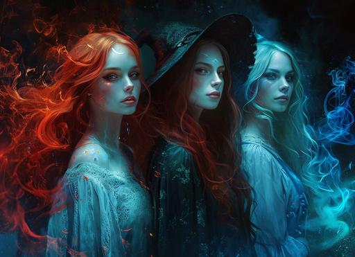 the mean will-o'-the-wisp girls giving you the side eye, gorgeous, photorealistic, dynamic, hecate, the fates, stylish, --ar 11:8 --v 6.0