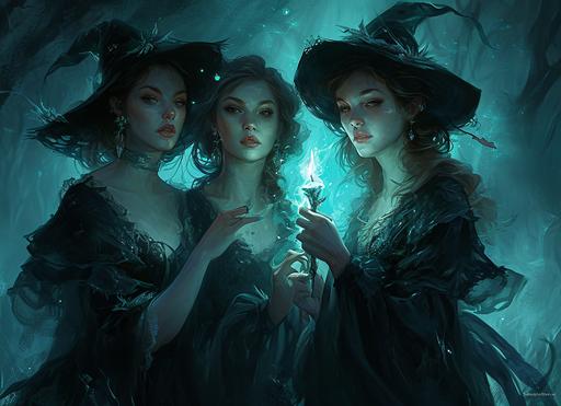 the mean will-o'-the-wisp girls giving you the side eye, gorgeous, hecate, the fates, stylish, --ar 11:8 --v 6.0