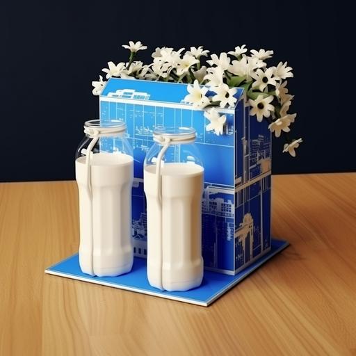 the milk boxe arrange in a table to make them look like a city, rectangular blue milk box, simple city, realistic style, --no city in the packaging