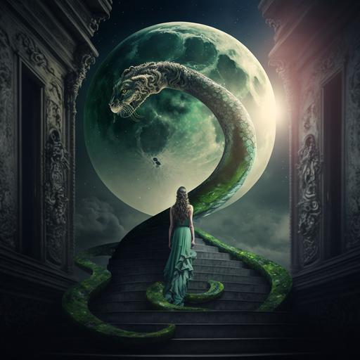 the moon is an egg of a colossal green snake and that snake emerges from the moon while a lady in withe dress and curly hair whatches it happen from a wood ladder that comes from earth to space, universe, epic, 4k cinematic --v 4
