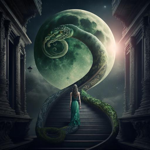 the moon is an egg of a colossal green snake and that snake emerges from the moon while a lady in withe dress and curly hair whatches it happen from a wood ladder that comes from earth to space, universe, epic, 4k cinematic --v 4