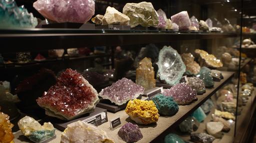 the most admired gem and crystal museum display, Big variety of sizes and colors, Attractive lighting. --ar 16:9 --v 6.0