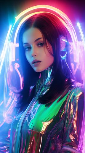 the most beautiful brunette woman the world, wearing a transparent otherwordly futuristic translucent garment with holographic light flowing throughout, made of shimmering holographic cybernetic material and transluscency. Neon lights for a dramatic, futuristic setting. --chaos 20 --ar 9:16 --v 5.2 --s 50