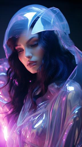 the most beautiful brunette woman the world, wearing a transparent otherwordly futuristic translucent garment with holographic light flowing throughout, made of shimmering holographic cybernetic material and transluscency. Neon lights for a dramatic, futuristic setting. --chaos 20 --ar 9:16 --v 5.2 --s 50