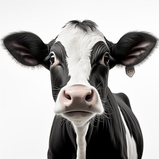 the most beautiful happy big-eyed cow ever, front view B&W photograph by Marina Cano, white background