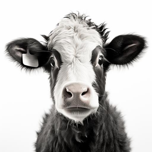 the most beautiful happy big-eyed cow ever, front view B&W photograph by Marina Cano, white background